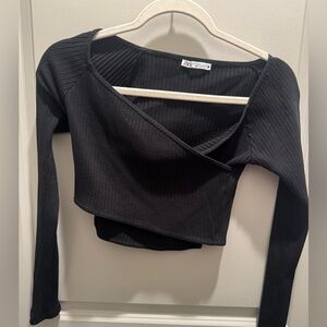 Zara Black Ribbed Wrap Crop Top